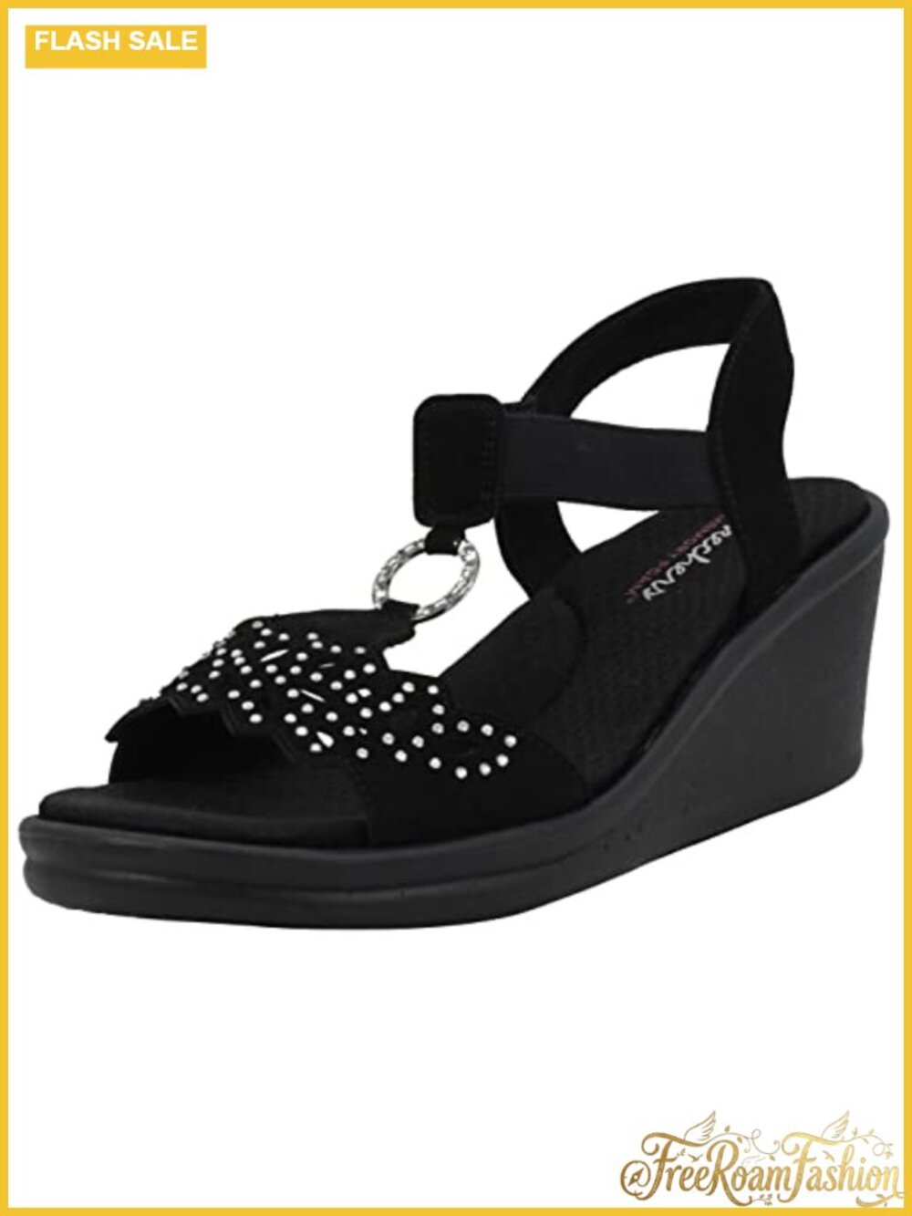 Skechers Rumblers Queen B Wedge Sandals Faux Leather Slingback Rhinestone